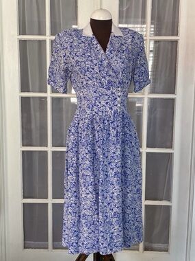 Vintage Lanz Originals Collared Blue & White House Dress with Pockets Retro